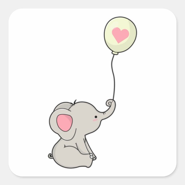 Sticker Carré Elephant avec coeur en Ballon (Devant)
