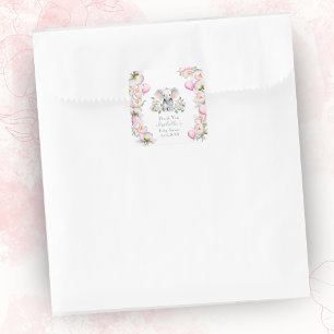 Sticker Carré Éléphant Bébé Avec Pivoines & Ballons Merci