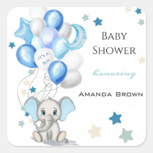 Sticker Carré Eléphant bébé mignon avec ballons Baby shower garç