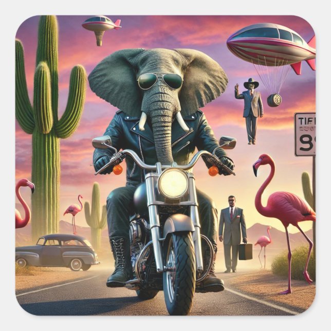 Sticker Carré Elephant Biker Surreal Desert Ride (Devant)