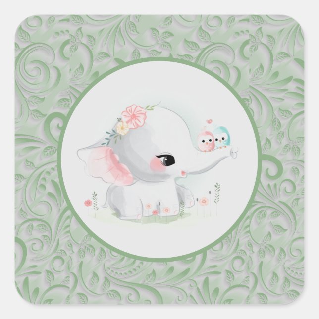 Sticker Carré Eléphant blanc garçon ou fille vert mignonne (Devant)