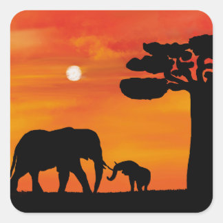 Sticker Carré éléphant, , ciel, animaux, lever du soleil, nature