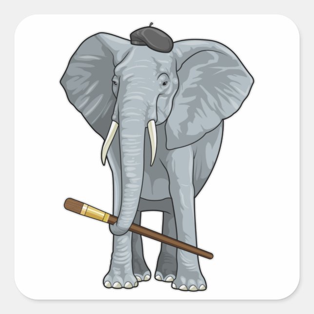 Sticker Carré Eléphant comme peintre avec pinceau (Devant)