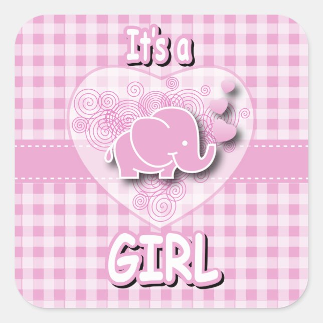Sticker Carré Eléphant de bébé rose et blanc (Devant)