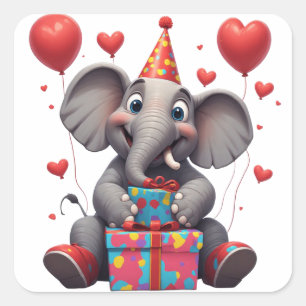Sticker Carré Éléphant de dessin animé d'anniversaire avec ballo