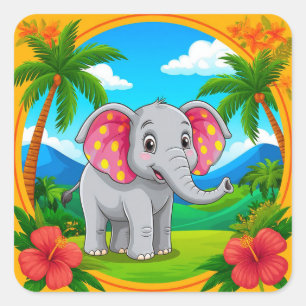 Sticker Carré Eléphant de dessin coloré dans un paysage tropical