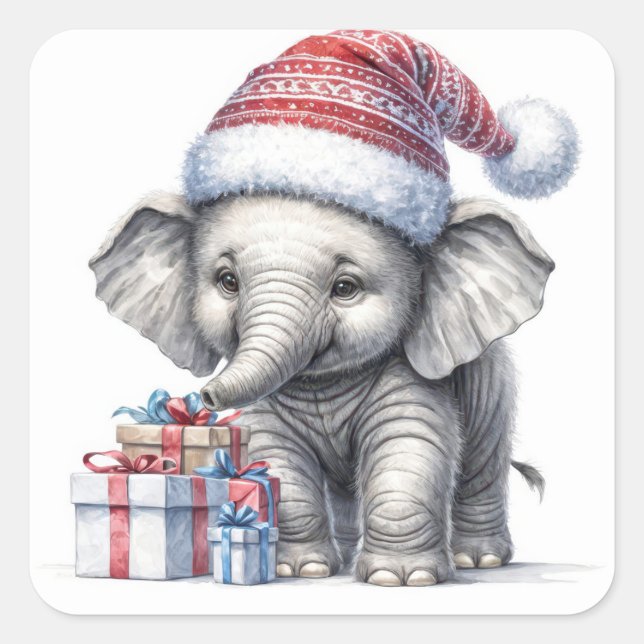 Sticker Carré Elephant De Noël Avec Cadeaux De Vacances (Devant)