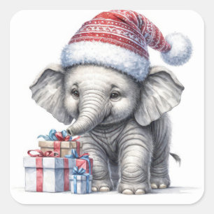 Sticker Carré Elephant De Noël Avec Cadeaux De Vacances