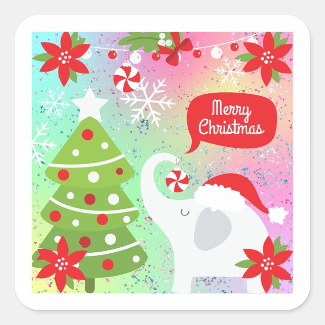 Sticker Carré Eléphant de Noël blanc (Devant)