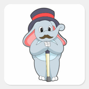 Sticker Carré Elephant en Gentleman avec Casquette et bâton de m