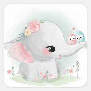 Sticker Carré Elephant Et Oiseaux Adorables