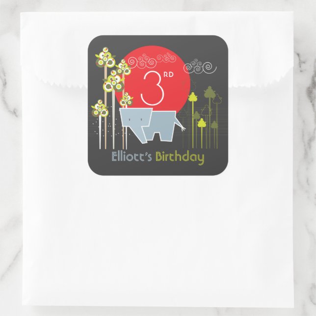 Sticker Carré Elephant Family in the Forest Birthday Party Favor (Sac)