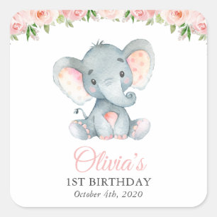 Sticker Carré Éléphant, fleurs aquarelle rose, premier anniversa