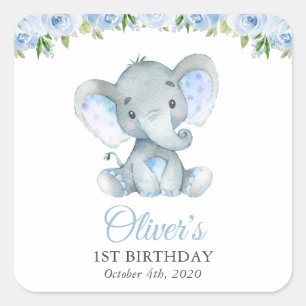 Sticker Carré Eléphant, Fleurs d'aquarelle bleue, premier annive