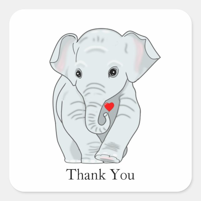 Sticker Carré Eléphant jeune mignon avec Merci cardiaque (Devant)