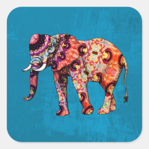 Sticker Carré Eléphant multicolore coloré sur Arrière - plan ble