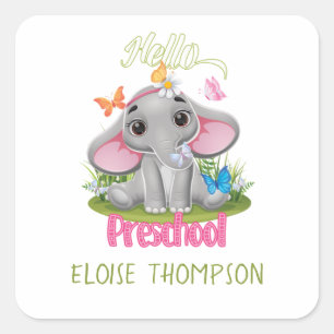 Sticker Carré Eléphant papillon préscolaire Retour à l'école