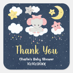 Sticker Carré Elephant rose et Baby shower de la marine Merci