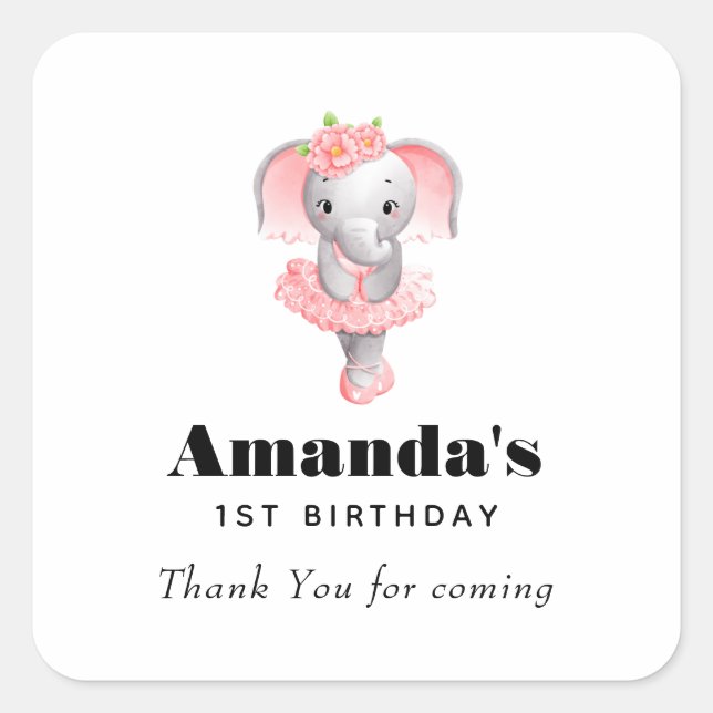 Sticker Carré Eléphant rose et gris Ballerina Merci d'anniversai (Devant)
