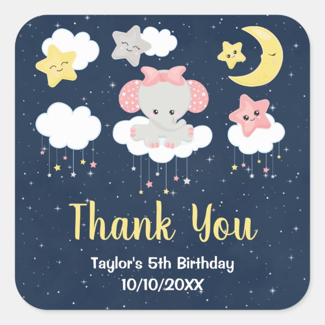 Sticker Carré Elephant rose et marine Anniversaire Merci (Devant)