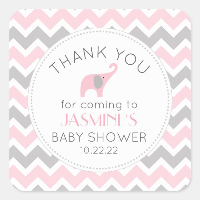 Sticker Carré Eléphant rose fille baby shower faveur (Devant)