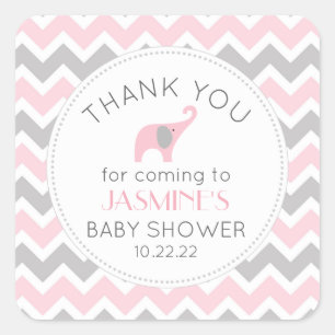 Sticker Carré Eléphant rose fille baby shower faveur
