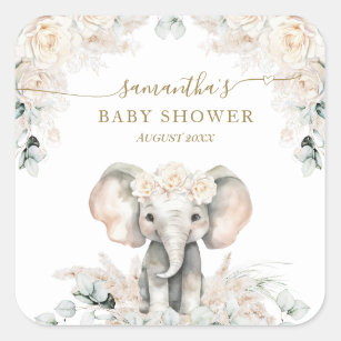 Sticker Carré Eléphant Roses Blanches Boho Pampas Baby Girl Douc