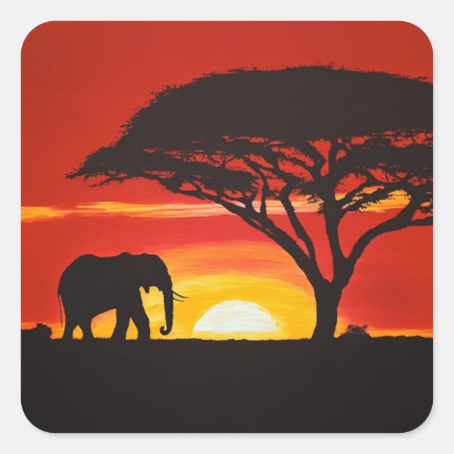 Sticker Carré Eléphant solitaire dans le coucher de soleil afric (Devant)
