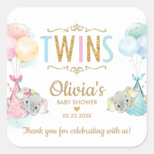 Sticker Carré Elephant Twin Boy Girl Baby shower Merci Favoriser