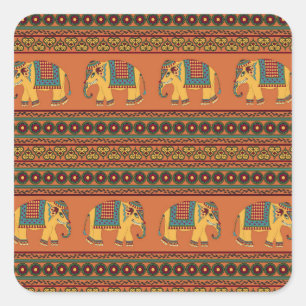 Sticker Carré Eléphants Indiens, Orange Traditionnel Sans Seamle