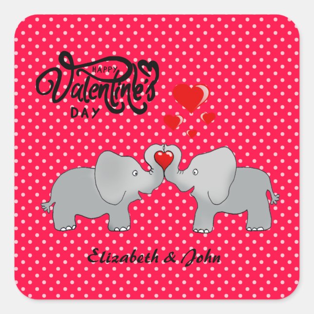Sticker Carré Eléphants romantiques et Coeurs rouges sur Pois (Devant)
