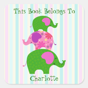 Sticker Carré Eléphants verts et roses fantaisistes (Les Eléphan