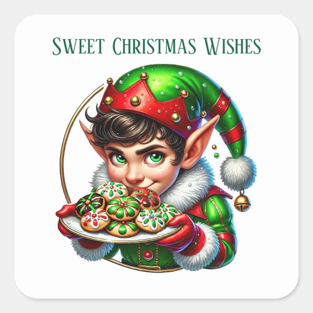 Sticker Carré elf de Noël ajouter le message Sucré voeux de Noël (Devant)