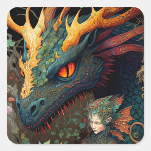 Sticker Carré Elf Et Dragon Imaginaire Art