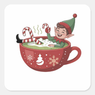 Sticker Carré Elfe Drôle Prenant un Bain de Matcha Noël