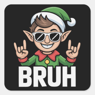 Sticker Carré Elfe Rock n Roll Bruh Citation Drôle Mème Noël 