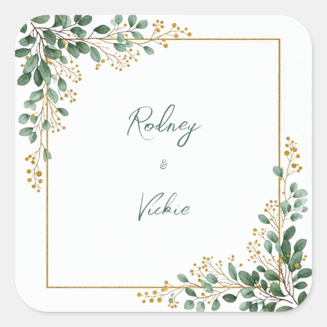 Sticker Carré Emerald Eucalyptus Gold Berry Frame Wedding (Devant)