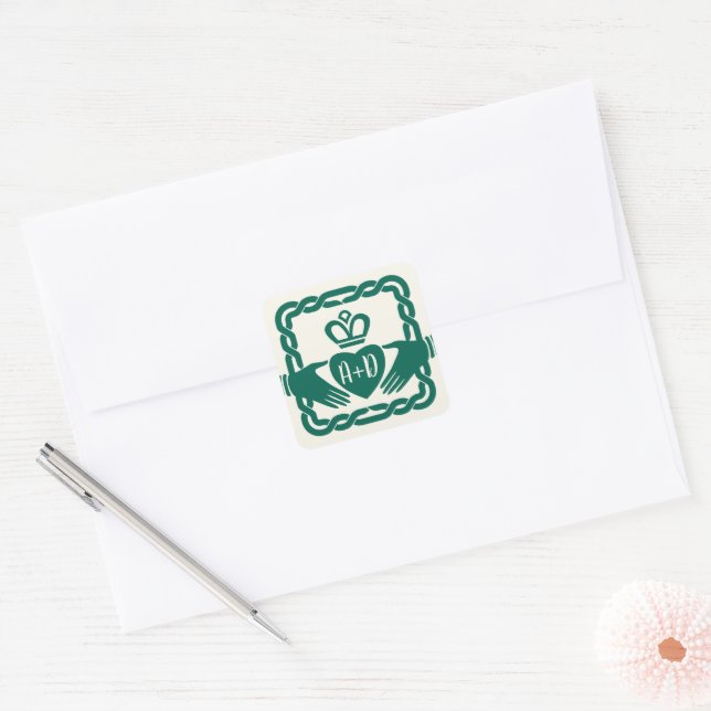 Sticker Carré Emerald Green Celtic Knot Claddagh Mariage (Enveloppe)