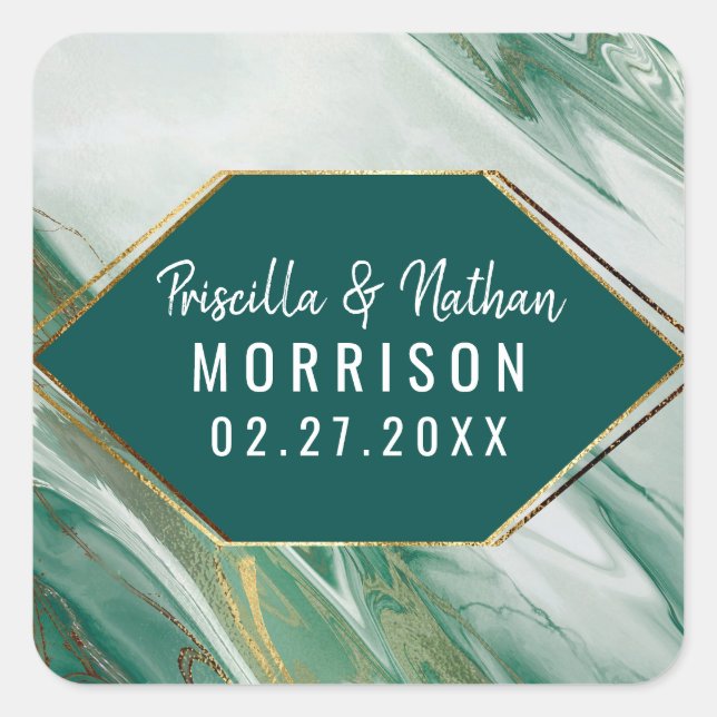 Sticker Carré Emerald Green Gold Abstrait Agate Marbre Mariage (Devant)