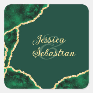Sticker Carré Emerald Green & Gold Agate Mariage élégant