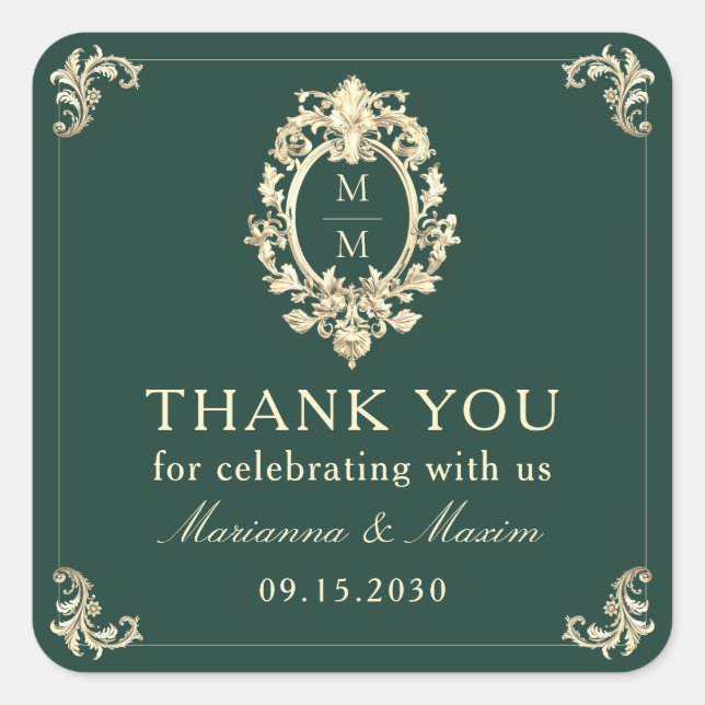 Sticker Carré Emerald Green Gold Mariage Merci baroque (Devant)