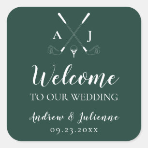 Sticker Carré Emerald Green Monogram Golf Mariage Welcome Bag