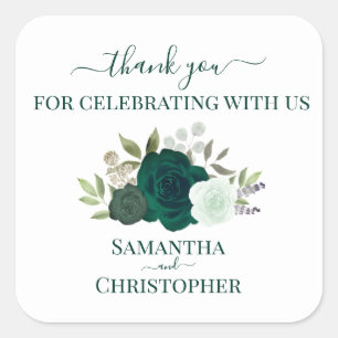 Sticker Carré Emerald Vert aquarelle Roses Mariage Merci 