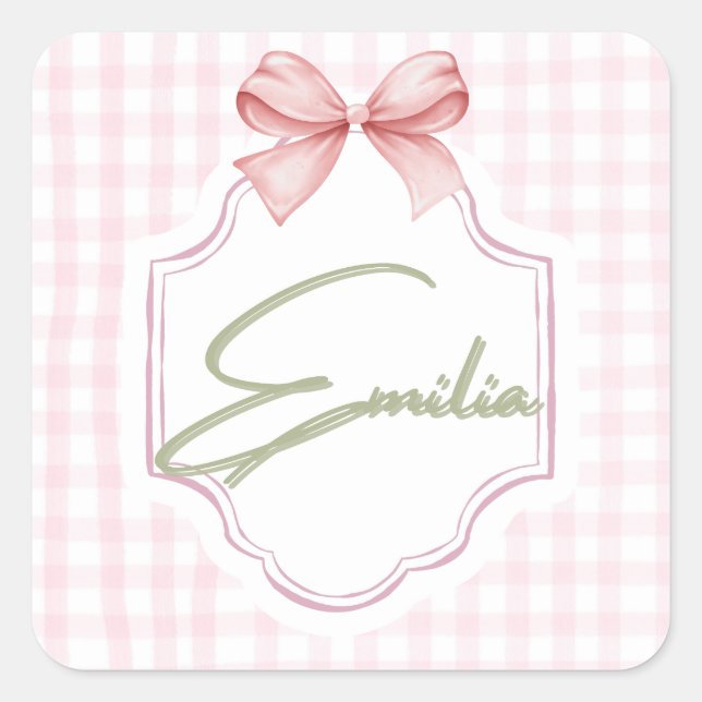 Sticker Carré Émilie Baby Girl personnalisée Bow&En vichy (Devant)