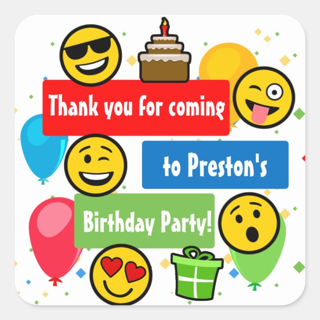 Sticker Carré Emoji fête d'anniversaire Enfants ou garçons Merci (Devant)