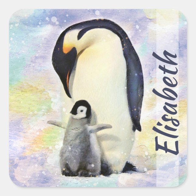 Sticker Carré Empereur Penguin avec l'aquarelle de bébé poussin (Devant)