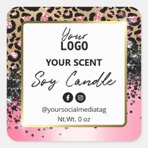 Sticker Carré Empreinte de léopard rose noir luxueux Soy Candle 