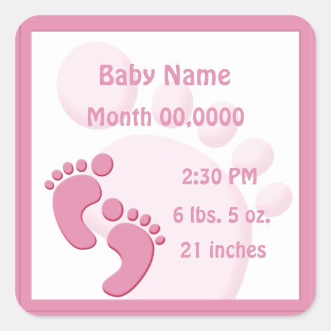 Sticker Carré Empreinte fille bébé petit pied Faire-part de nais (Devant)
