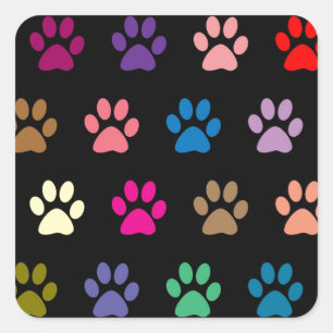 Sticker Carré Empreintes de pattes de chiots colorés sur noir