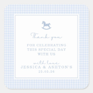 Sticker Carré En vichy bleu Rocse Baby shower Merci